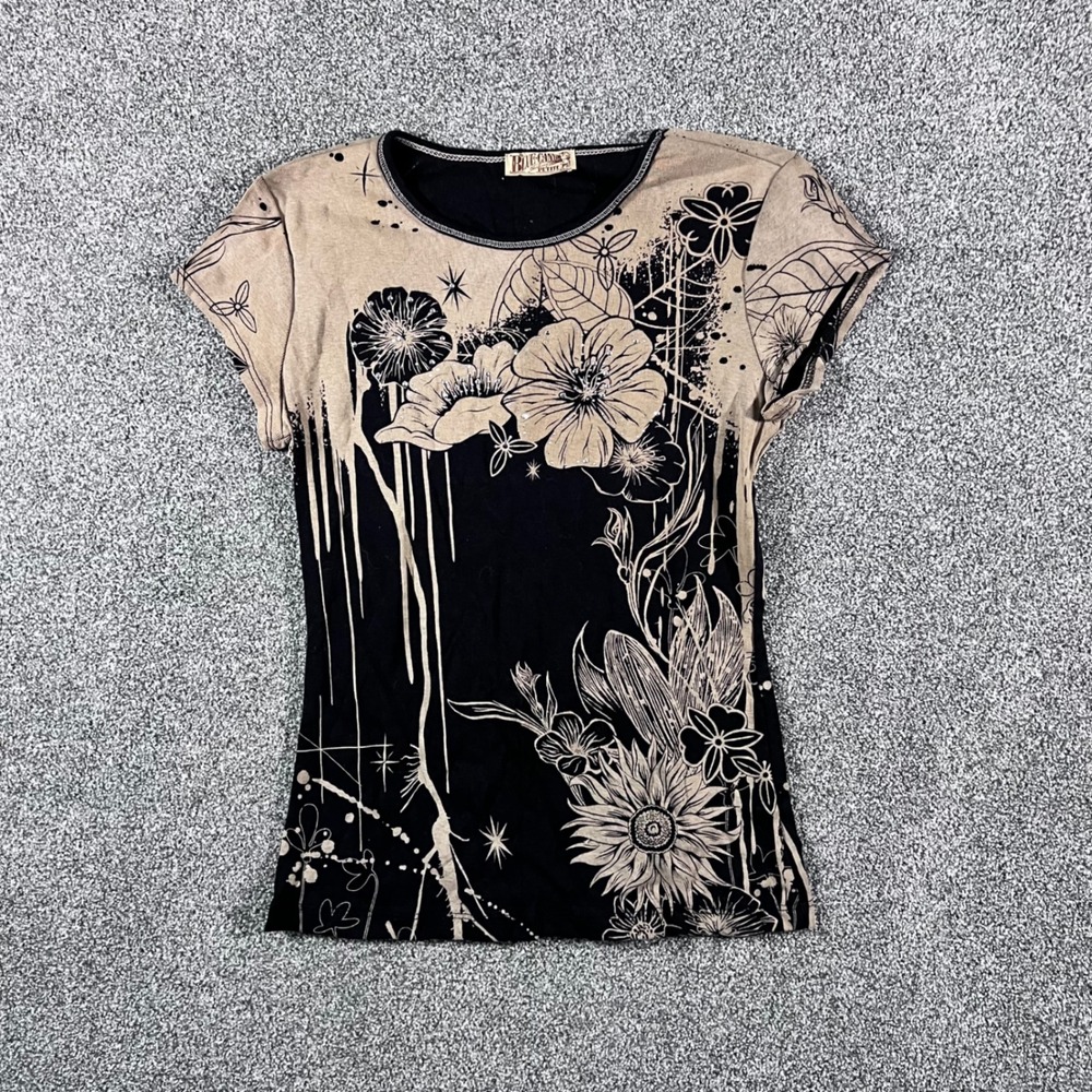 Blue Canyon Petite Womens PS Top Black Tan Floral Graphic Rhinestone Tee Shirt